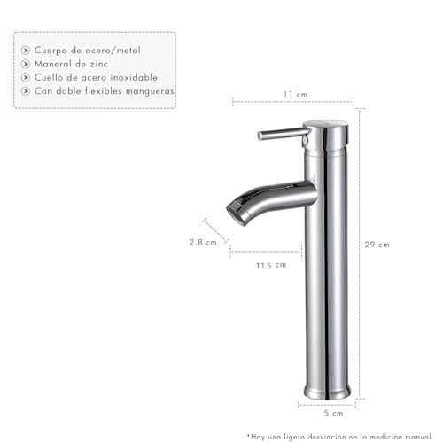 Miniatura 6 de Solvex Grifo Alto Lavabo, Grifo Monomando Lavabo Caño, Grifos Para Lavabos De Baño Acero Inoxidable Cromado, Grifo De Lavabo, Agua Fria Y Caliente Disponible, Sf-11801