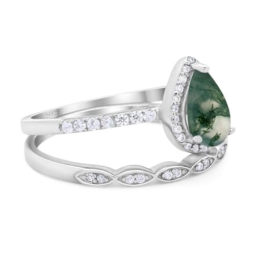 OMRANII Art Deco Two Piece Pear Teardrop Natural Green Moss Agate Vintage Style Halo CZ Wedding Set Engagement Bridal Ring 925 Sterling Silver2