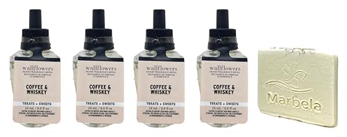 Bath & Body Works Coffee & Whiskey 4 Pack Wallflowers Home Fragrance Refill Bulbs with a Natural Oats Sample Soap