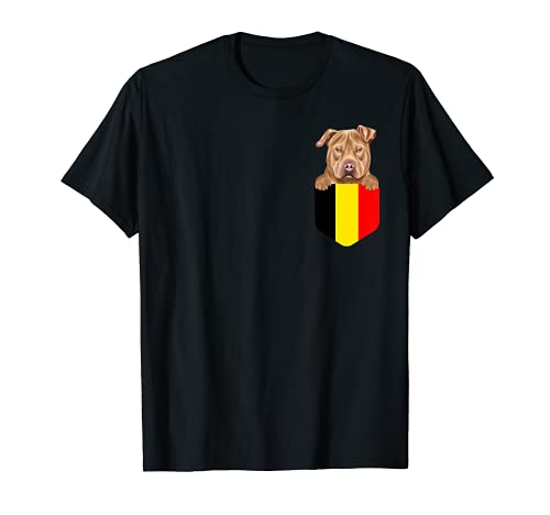 Belgium Flag Usa Staffordshire Terrier Dog In Pocket T-Shirt, Black