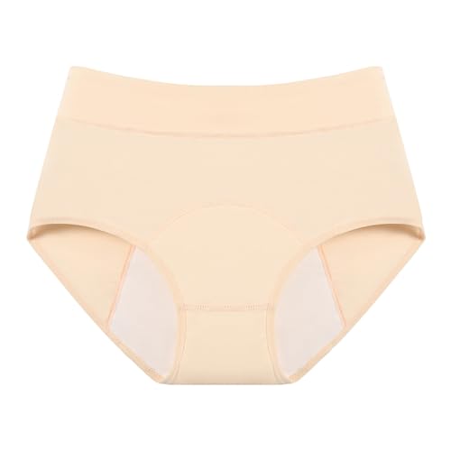 2025 - Bragas de cintura alta a prueba de fugas, ropa interior para mujer, bragas menstruales de algodón a prueba de fugas para la noche ropa interior de goma, beige, L