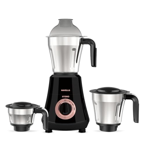 Havells Hydro Plus 1000 Watt Mixer Grinder | 3 Stainless Steel Jars | 22000 RPM Ball Bearing Motor | Hands-Free Operation | SS-304 Blades |Wider Mouth Jars for Easy Use | 2 Year Warranty