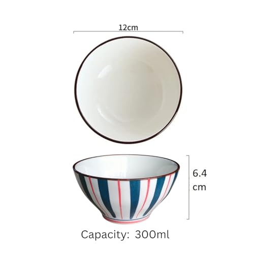Image of Lellow Premium Ceramic Bowl Set of 4 - Handcrafted Striped Bowls for Soup, Noodles, Snacks & Desserts - Microwave & Dishwasher Safe, 300ml