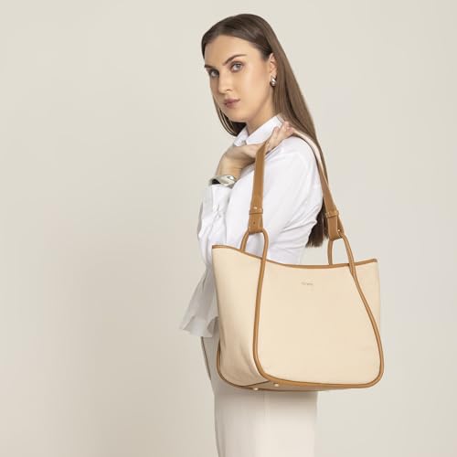 Image of EXOTIC Formal Laptop Handbag for Women, Herringbone Pattern, Leather Trim, Tote Style with Adjustable Shoulder Strap