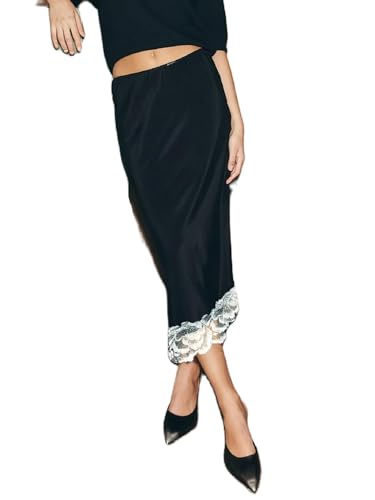 VILAGRAH Women Lace Half Slip Long Skirt Y2K A Line Satin Silk Maxi Skirts Flowy Under Dress Underskirt Streetwear（black，Medium）