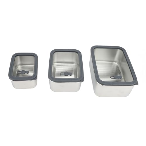 Gsycle 3pcs Juego de contenedores de almacenamiento de alimentos 304 Acero inoxidable Recipiente de preparación de alimentos Lunch Conventa con tapa de vidrio hermética para cocina