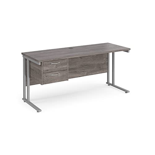Mr Office Maestro 25 straight desk 600mm deep with 2 drawer pedestal - silver cantilever leg, Grey oak, 1600
