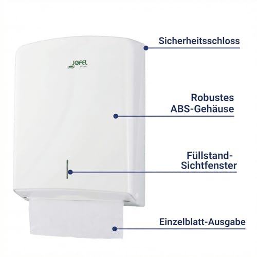Jofel - Handtuchspender, Gesichtshandtuch, Wandhandtuchspender, bis zu 600 Zick-Zack-Handtücher, Hygienisch, Hochwertiges ABS-Gehäuse, Azure AH33700,Weiß