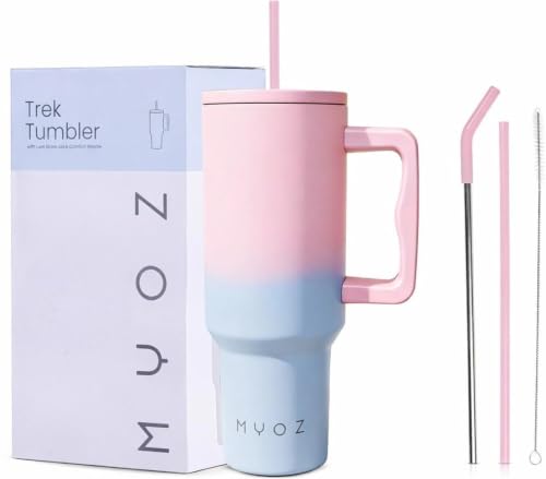 Image of MYOZ 1200ML Stainless Steel Water Mug with Handle, Lid, 2 Straws Leak-Proof Cupholder Tumbler for Gym, Travelling- Spill-Proof 40 oz Bottle (Bubblegum Swirl)