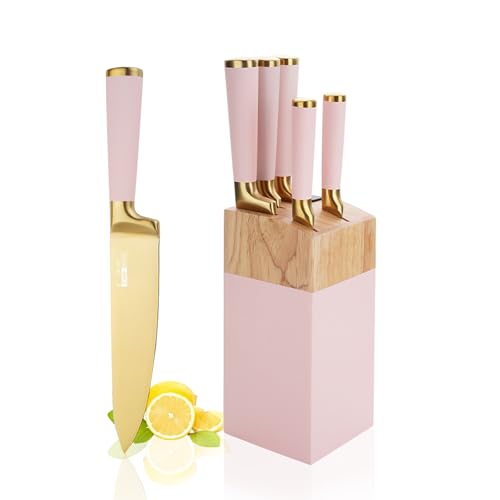 AVEKI Knife Sets for Kitchen, Pink 6 PCS Stainless Steel Knife Sets with Block, Ultra Sharp Knife Block Set with Comfortable Handle, Built-in Sharpener, New Home Apartment Essentials (Pink)
