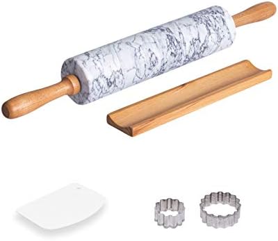 COZYMAT Marble Rolling Pin Non-stick, with Wood Stand for Fondant/Dough/Baking, Heavy and Solid Stone, White, 18 Inch, 10" long barrel