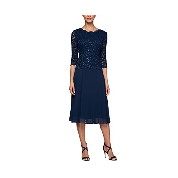 Alex Evenings Women's Tea Length Sequin Mock Dress (Petite and Regular), Navy, 12
