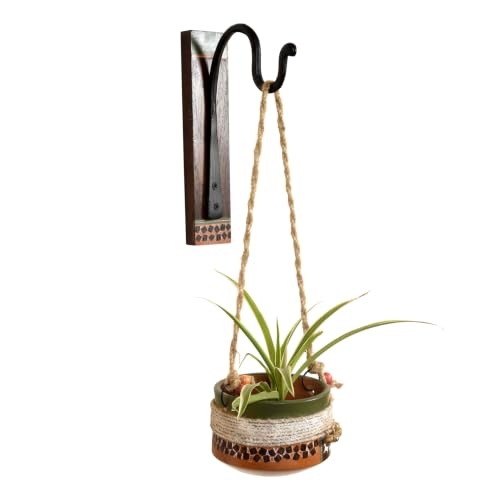 Image of AAKRITI ART CREATIONS Wall Hanging Planter with Hook | Jute Embellished Earthen Planter on Classic Wall Hook, Modern Art, Matte Finish | Metal, Terracotta & Wood