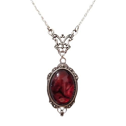 IS4U Gothic Vampire Necklace Vintage Stardust Crystal Cameo Pendant Necklace Punk Style Vampire Pendant Oval Necklace Satanic Demon Red Pendant Necklace Jewelry (B)
