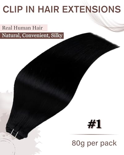 Hetto Clip in Hair Extensions Real Hair Extensions Clip ins Jet Black Clip on Hair Extension for Women Straight 14Inch 5pcs 80G