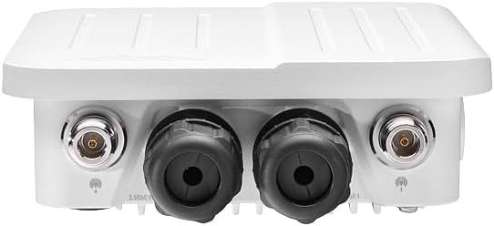 Close-up of the bottom of the Cradlepoint W1855 Outdoor Adapter showing two coaxial antenna ports and two sealed cable glands for Ethernet and power connections.