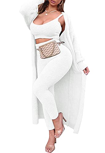 Image of Fixmatti Women's Fuzzy 3 Piece Sweatsuit Open Front Cardigan Crop Tank Tops Wide Legs Pants Lounge Sets