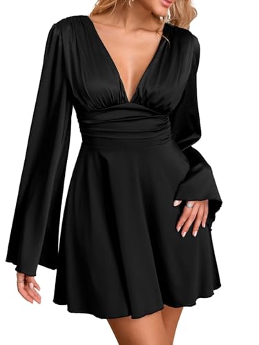 Parthea Women's Sexy Deep V Neck Long Sleeve Mini Satin Silk Dress Elegant Flowy Wedding Guest Party Short Dresses