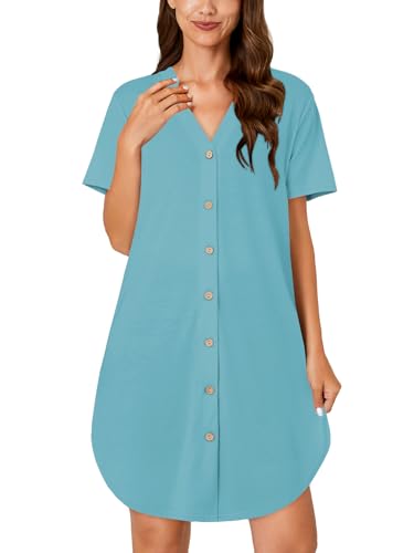 Vrtige Women's Cotton Striped Nightshirt Notch V Neck Short Sleeve Button Down Nightdress Nightgown2