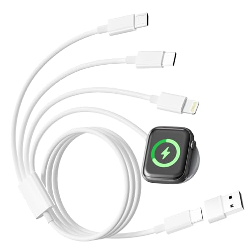 4 en 2 Cable para Cargador Apple Watch, Cargador Reloj Inteligente cargador iWatch Cable apple 1M con Lightning/USB C/iwatch/Micro para Apple Watch Serie 9/8/7/6/5/4/SE/Ultra,iPhone 16 15 14 13 12 11