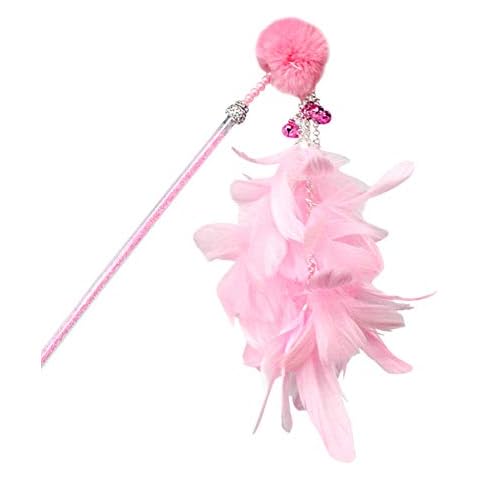 FOReverweihuajz Cat Teaser Fluffy Ball Bell Feather Wand Stick Pet Kitten Play Interactive Toy - Pink Cover