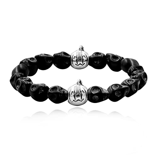 Image of Uloveido Halloween Bracelets for Men Women Black White Skull Stone Bracelet Charm Ghost Pumpkin Lamp Bat Design Bracelets