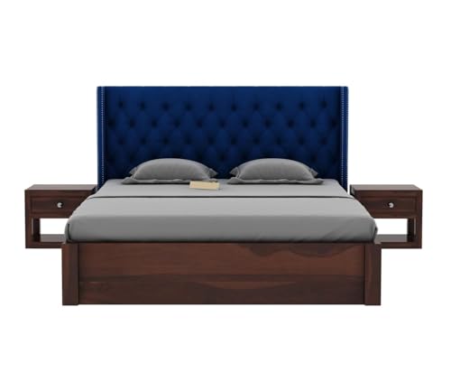 Image of LOGAN Upholstered Sheesham Wood King Size Bed with Box Storage 78x72 | Solid Wood Bed with Storage | Wooden Bed King Size Cot Double Bed with Storage for Bedroom Home |Walnut Blue