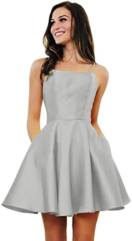 Sukleet Short Cute Homecoming Dresses for Teens with Pockets Spaghetti Straps Backless Satin Mini Cocktail Prom Gowns Silver Size 12