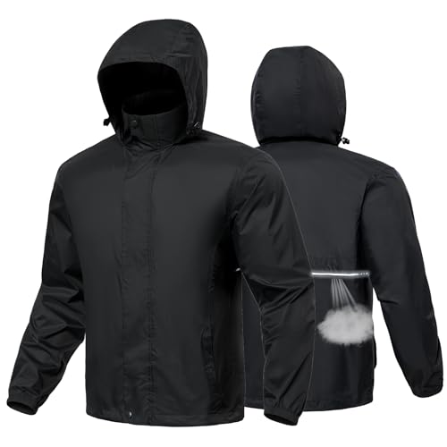 MANSDOUR Men's Packable Rain Jacket Waterproof Lightweight Windbreaker Cycling Golf Hiking Reflective Raincoat with Hood3