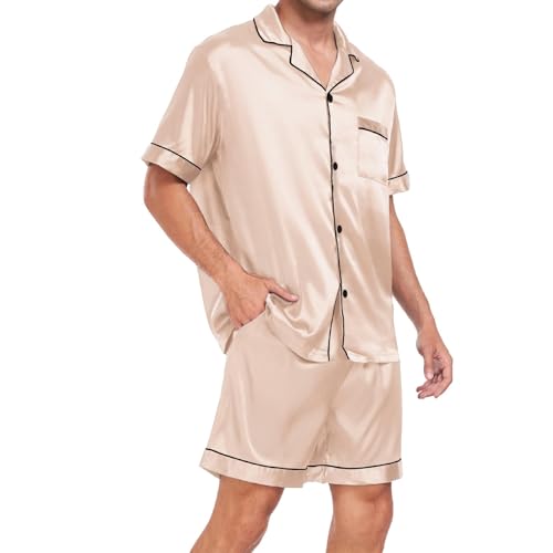 Men's Satin Pajama Set Button Lapel Short Sleeve Shirt Comfy Short Sets Summer Casual Soft Loungewear with Pocket2