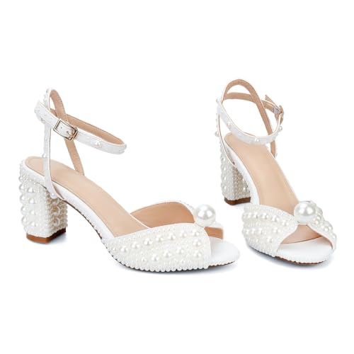 Image of Goolita Pearl Heels For Women Mid Block Ankle Strap Heeled Sandals Round Open Toe Party Evening Bridal Shoes For Wedding