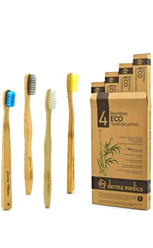 Bamboo Eco Toothbrushes for Adults 4 Pack BPA Free Medium Soft Bristles Biodegradable Eco-Friendly Products Organic Wooden Toothbrush Zero Waste Colored Bristles, Multicolor