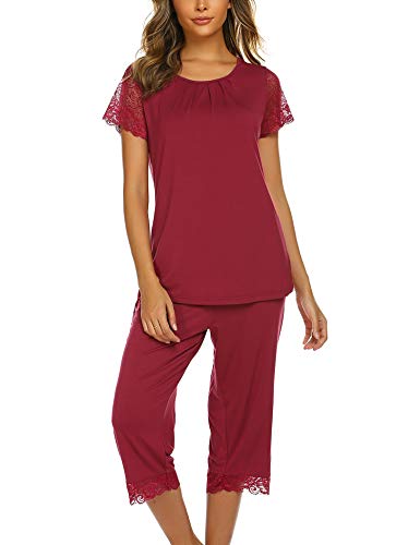 Ekouaer Women's Sleepwear Lace Short Sleeve V-Neck Top and Capri Pajama Set Wine Red
