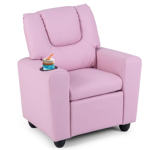 Image of GLACER Kids Recliner with Cup Holder, PU Leather Toddler Lounge Chair(Pink) | Baby Recliner w /Adjustable Backrest & Footrest, Spring Seat Cushion, Push Back Toddler Sofa for Ages 3+, Supports 150 lbs