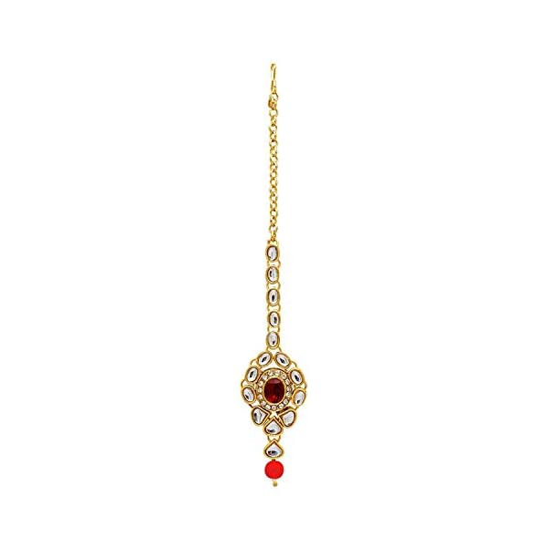 Peora Kundan Pearl Maroon Layered Long Jewellery Necklace Set with Earring Maang Tikka Earrings for Women - Image 7