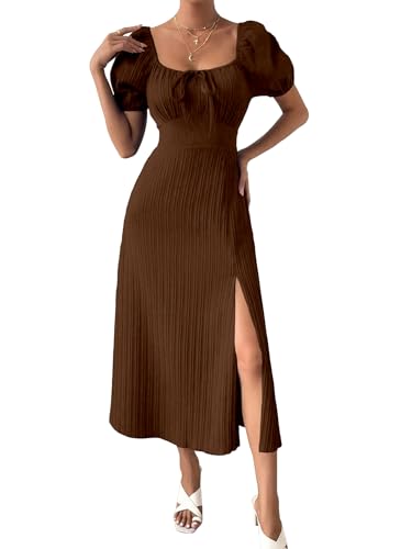 Image of Shasmi Women's & Girl's Tie Front Split Thigh Milkmaid Maxi Dress - Square Neck Puff Sleeve A-Line Long Dress, Elegant Casual & Parties Wear for Ledies (Dress 245)