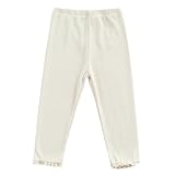 Toddler Baby Girls Ribbed Knit Cotton Lace Trim Footless Tight Leggings Bottom Pants (Beige, 12-18 Months)