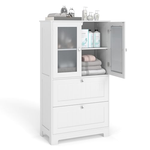 COSTWAY Armadio da Bagno a Terra, Armadietto Autoportante con 2 Cassetti e 2 Ante in Vetro Opaco e Ripiano Regolabile, Mobile Salvaspazio per Bagno, Cucina e Salotto (Bianco, 60x30x108cm)
