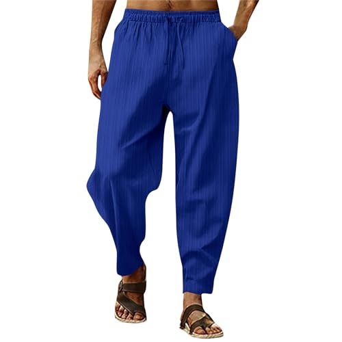 Linen Pants Men with Elastic Waist Men Beach Stripe Drawstring House with Pockets Mans Comfortable Casual Pants Cotton Linen Trousers Stripe Pantalones De Hombre (Royal Blue,3X-Large)