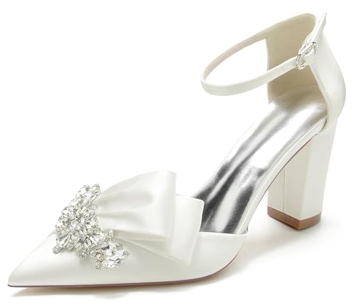 Hanfike Wedding Dress Shoes for Women Block High Heel Formal Party Pumps with Bows JY032
