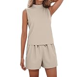 QJDFLL Damen Shorts Set mit lässigem Halsausschnitt und hoher Taille Roll Down Design(Beige,L)