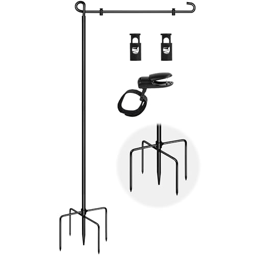 Garden Flag Stand with 5 Prong Base,Stable Design Garden Flag Holder for Outside,Waterproof Coated Yard Flags Pole Holder with Clip and Stopper for Outside House,Garden Flags,Yard Decorations