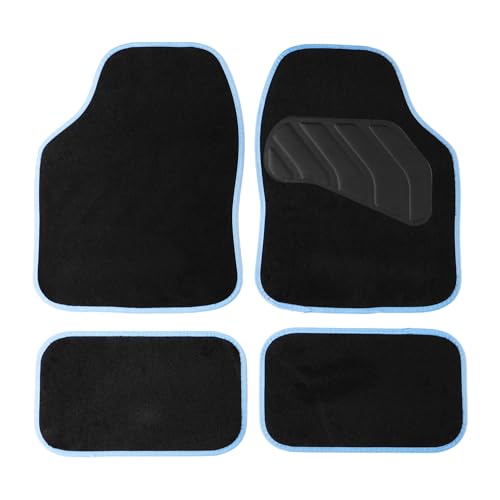 Sakura Floor Mats For Cars SS5465 - Pastel Black Carpet With Light Blue Trim - Full Set Of 4 Universal Fit - Hard-Wearing Pile Anti-Slip Backing Heelpad UK Made.