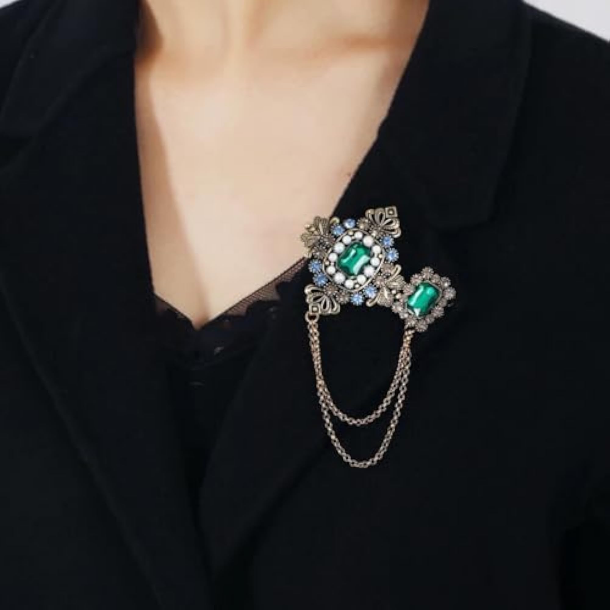Men's Retro Gold Plated Chain Brooch with Green Crystal