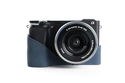 Demi-étui en cuir véritable bleu pour Sony A6300 | Protection haut de gamme par TP main