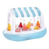 PoolCandy Inflatable Floating Buffet Bar with Canopy - Blue & White Cabana Stripes