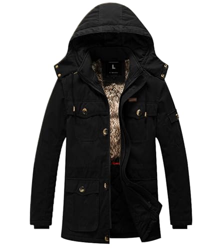 Image of L'MONTE Men's Heavy-Duty Winter Jacket - Cotton Outdoor Coat with Fleece Lining, Detachable Hood, and Multi-Pockets - Warm, Windproof & Stylish for Cold Weather