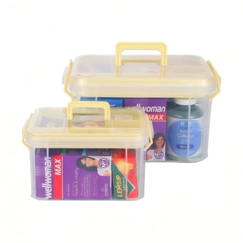 Image of HEY FOLY 15qt Yellow Medicine Organizer Storage Box with Tray, Set of 2 Plastic First Aid Box Empty, Thickened Medicine Container Chest, Multipurpose Medical Case with Labels, Grey Medicine Caddy