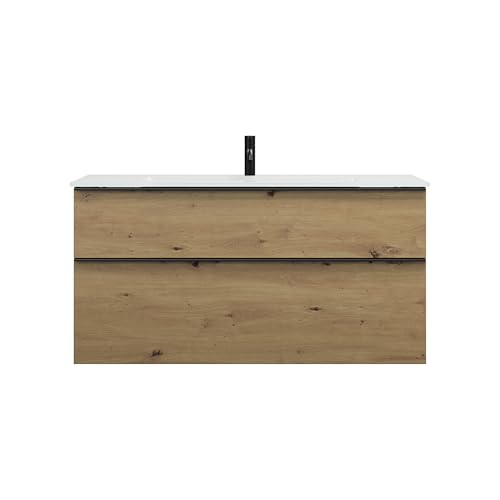 burgbad Eqio Glas-Waschtisch inklusive Waschtischunterschrank, Breite 1220mm, SEYX122F5662A0070G0252, Farbe: Eiche Dekor Urban/Eiche Dekor Urban, Griffleiste Schwarz Matt G0252
