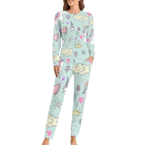 Pyjama Femme avec Pantalon et T-Shirt Long Licornes des Nuages Contre le Froid Nocturne